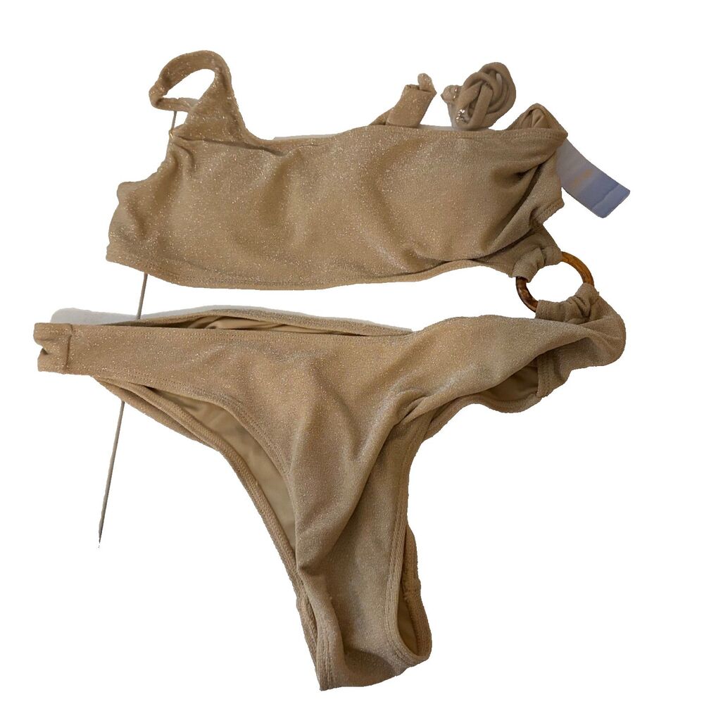 Refuge Swim Suit Women's XL Metallic Gold Cut Out One Piece One Shoulder